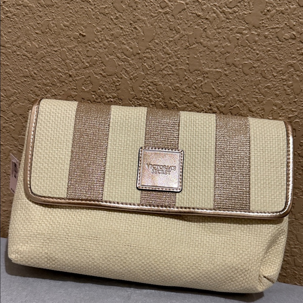 NWT Victoria's Secret Beige with Rose Gold Striped Clutch. Very large.